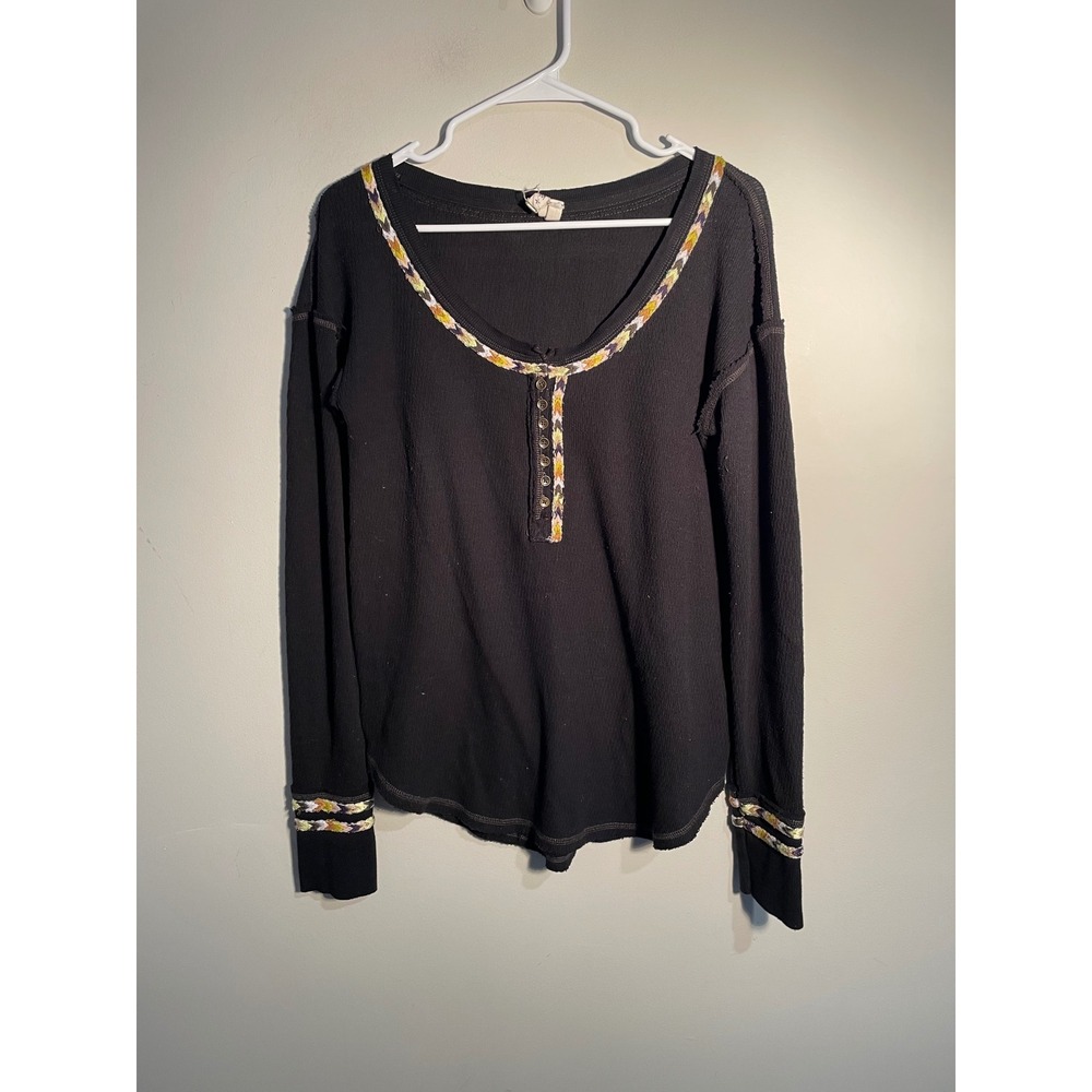 Free People We The Free Black Thermal Embroidered Henley Top Size Medium Boho